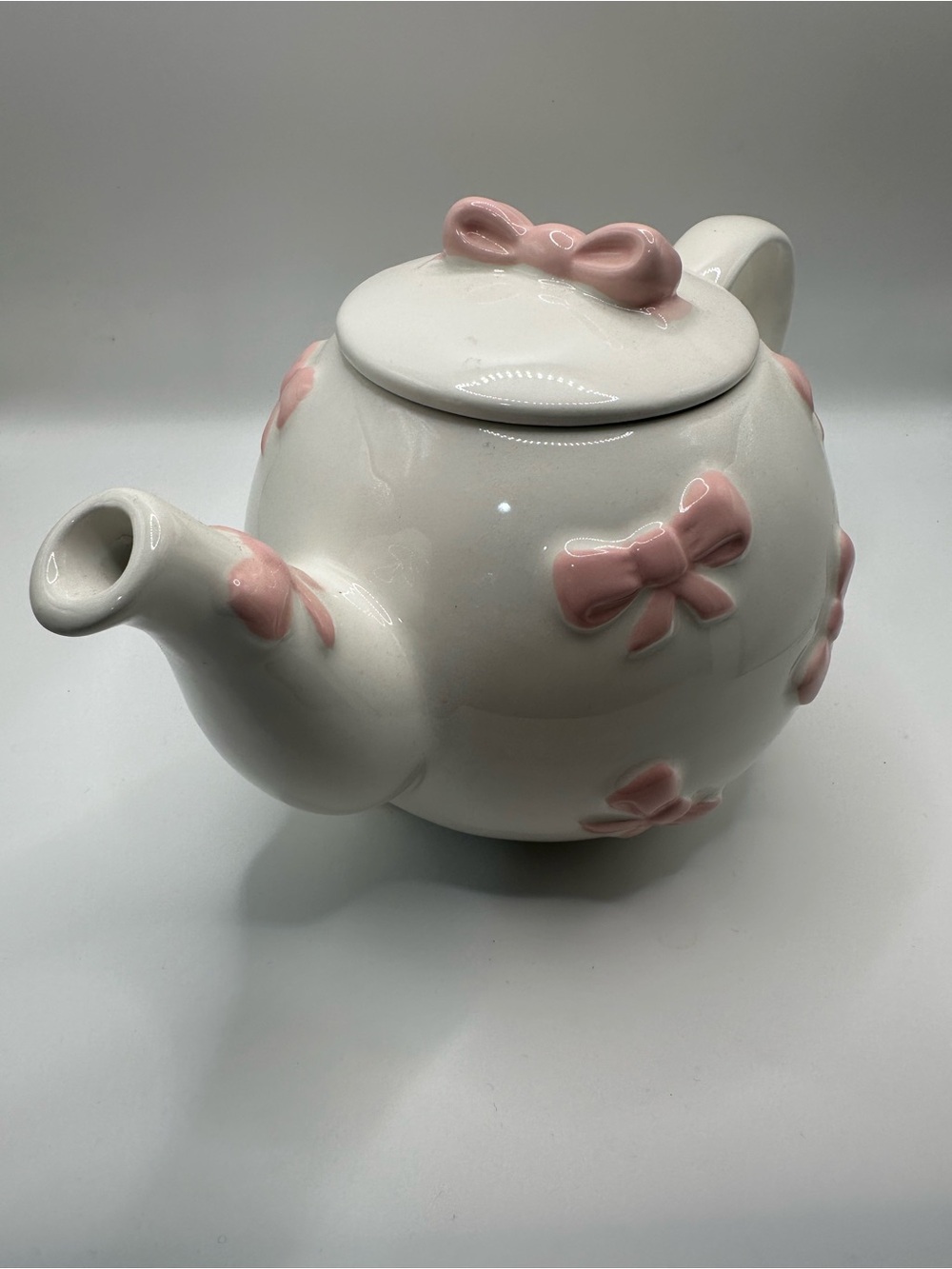 White Ceramic Teapot with Pink Bow Accents - Decorative Home Art